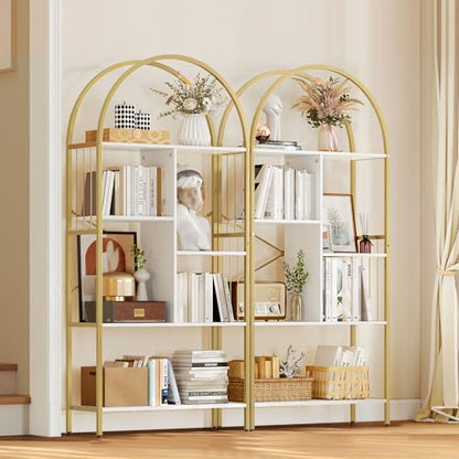YITAHOME Gold Arched Bookshelf and Bookcase, 5 Tier Standing Book Shelf, Storage Display Rack Shelves for Bedroom Living Room Office,White&Gold