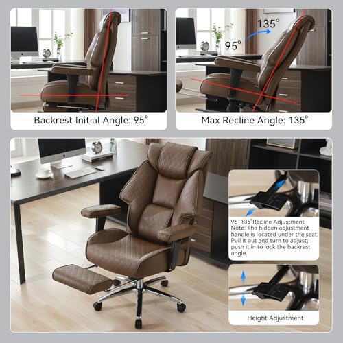 EXCEBET Big and Tall Office Chair with Footrest, PU Leather High Back Executive Office Chair 400lbs, Ergonomic Computer Chairs Lumbar Support for Heavy People (Brown) EXCEBET