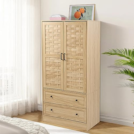 LEVNARY Armoire Wardrobe Closet with 2 Woven Doors, Wardrobe Cabinet with 2 Storage Drawers and Hanging Rail, Freestanding Wooden Closet for Bedroom (Natural) LEVNARY