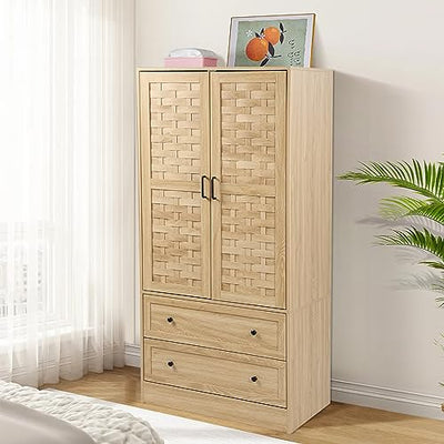 LEVNARY Armoire Wardrobe Closet with 2 Woven Doors, Wardrobe Cabinet with 2 Storage Drawers and Hanging Rail, Freestanding Wooden Closet for Bedroom (Natural)