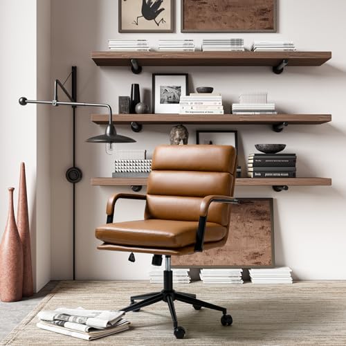 HULALA HOME Modern Faux Leather Home Office Chair with Tilt Lock & Metal Base, Desk Chair with Wheels & Padded Cushion, 360° Swivel Wide Seat Computer Task Chair, Camel HULALA HOME