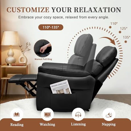 AIRSKY Genuine Leather Recliner Chair, Top Grain Leather, Italian Water-Washing Process, Reclining Sofa Chair for Reading, Single Sofas for Living Room, Theater Seating, Bedroom. Black,R1 AIRSKY
