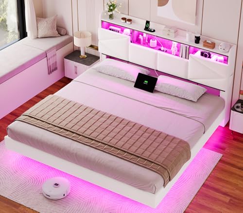 BTHFST King Size Floating Bed Frame with Storage Headboard, Power Outlet, and LED Lighting in Velvet Creamy White - WoodArtSupply