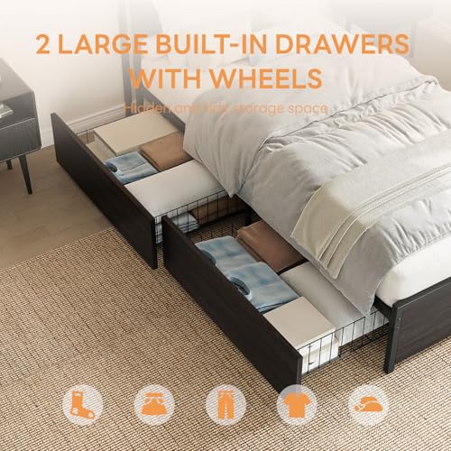 LIKIMIO Twin Bed Frame, with 2-Tier Shelves & Charging Station & LED Light, DIY Layout Storage Drawers, Suitable for Teen Rooms, Small Apartments & Bedrooms, Gray Black LIKIMIO