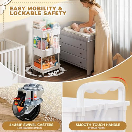 Goovilla Diaper Cart with Lockable Wheels and Easy Assembly, 3 Tier White Rolling Cart for Baby Nursery Storage, Sturdy Ample Diaper Caddy Organizer for Baby Girl, Boy, New Mom, Newborn Essentials Goovilla