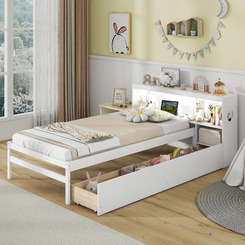 Giantex Wood Twin Bed Frame with Storage Drawer & Headboard, Modern Platform Bed with Charging Station & LED Light, Built-in Nightstand, Single Bed with Slats Support, Twin Bed Frames for Kids (White) Giantex