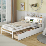 Giantex Wood Twin Bed Frame with Storage Drawer & Headboard, Modern Platform Bed with Charging Station & LED Light, Built-in Nightstand, Single Bed with Slats Support, Twin Bed Frames for Kids (White) Giantex