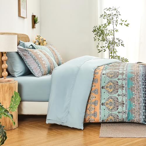 LXWORX Boho Comforter Set King Size Sage Green - 7 Pieces Bohemian Floral Striped Comforter and Sheet Set, Soft Bed in a Bag Complete Bedding Sets King Size for All Season (Sage Green,King) LXWORX
