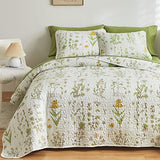Joyreap 3 Pieces Reversible Quilt Set, Smooth Soft Microfiber Quilt, Yellow Flowers Green Leaves Botanical Design, Bedspread Bed Cover for All Season, 1 Quilt n 2 Pillow Shams (Full/Queen, 90x90) Joyreap