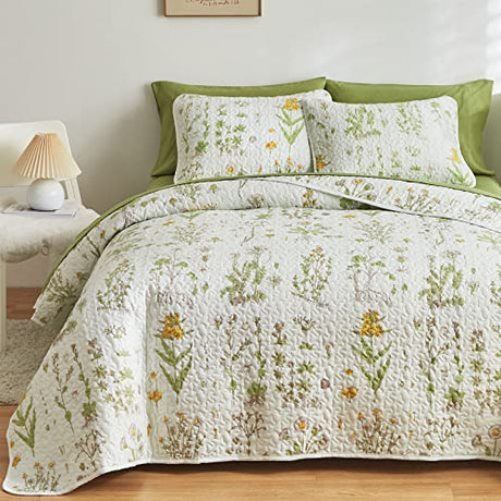 Joyreap 3 Pieces Reversible Quilt Set, Smooth Soft Microfiber Quilt, Yellow Flowers Green Leaves Botanical Design, Bedspread Bed Cover for All Season, 1 Quilt n 2 Pillow Shams (Full/Queen, 90x90) Joyreap