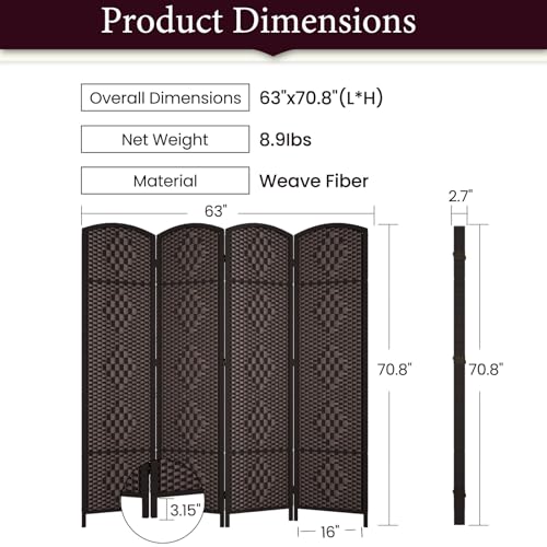 Rose Home Fashion 6 ft Tall Room Divider, Room Dividers and Folding Privacy Screens, 15.7in Privacy Screen 4 Panel Partition Temporary Wall Separation for Private, Dark Coffee Rose Home Fashion