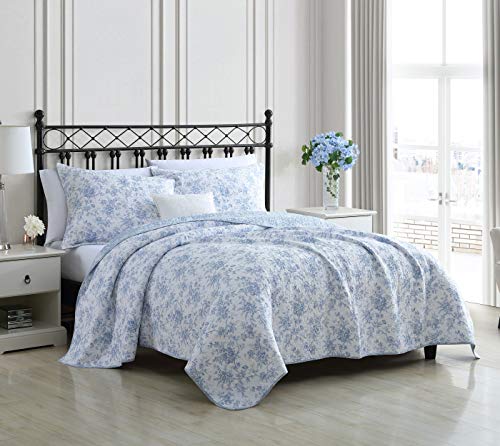 Laura Ashley - Full/Queen Quilt Set, Reversible Cotton Bedding with Matching Sham, Medium-Weight for Year Round Use, Floral Print Bed Set (Walled Garden Blue) Laura Ashley