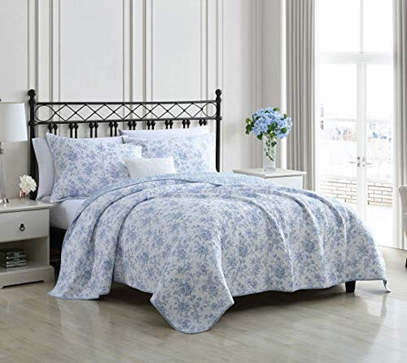 Laura Ashley - Full/Queen Quilt Set, Reversible Cotton Bedding with Matching Sham, Medium-Weight for Year Round Use, Floral Print Bed Set (Walled Garden Blue) Laura Ashley