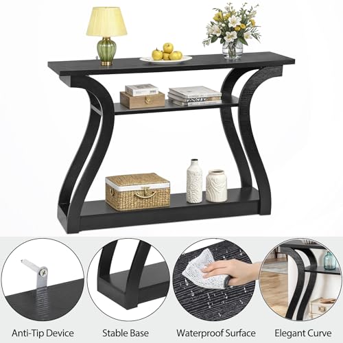 Elegant Black 3-Tier Console Table with Curved Frame for Entryway and Living Room SUPER DEAL