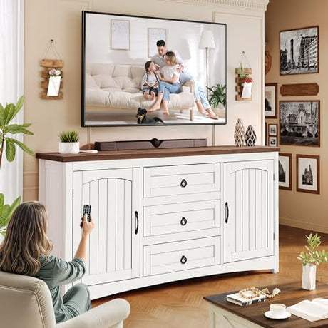DWVO Farmhouse Sideboard Buffet Cabinet with Storage, 59" Sideboard Cabinet with Drawers & Doors, Kitchen Storage Cabinets for Dining Room Living Room, White DWVO