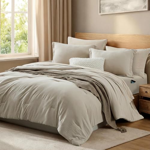 WRENSONGE Queen Comforter Set- 7 Pieces Beige Bed in a Bag Queen with Fitted Sheet, Flat Sheet, 2 Pillow Shams, and 2 Pillowcases- Warm Bed Set for All Season WRENSONGE