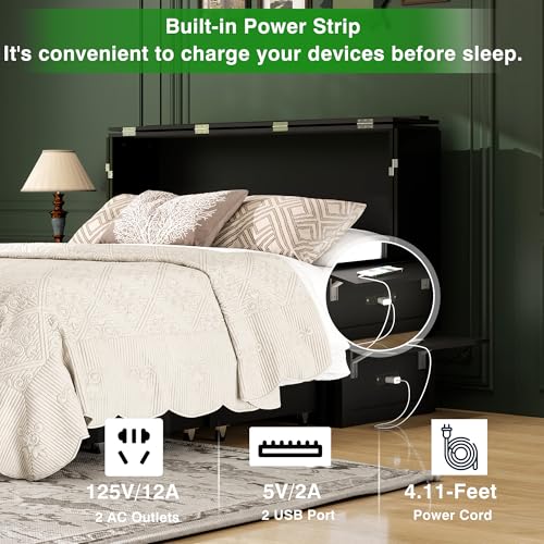 Keloyid Queen Murphy Bed Included Mattress：Wood Murphy Bed Cabinet with USB Charging Station and Large Storage Drawer for Bedrooms/Guest Rooms/Apartments, Black Walnut Color-2 Keloyid