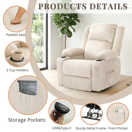 IKAKOS Heavy Duty Power Lift Recliner Chair for Elderly, 400lbs Capacity Massage and Heat Recliner, Soft Corduroy 160° Reclining Electric Stand Up Chair, USB & Type-C, Memory Foam, Cup Holders IKAKOS