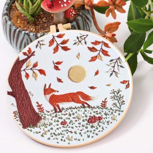 FRANDEK Fox Scenery Embroidery Kit for Beginners Adults, Complete Starter Cross Stitch Set with Printed Pattern, Cotton Threads, Bamboo Hoop, Needles, DIY Needlework Craft Gift for Mom Grandma