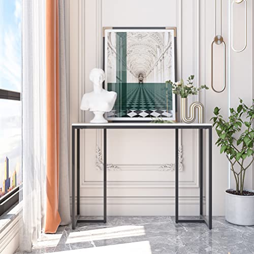 Wisfor Sintered Stone Entryway Table: White Console Table with Black Frame for Hallway - Long Narrow Table Behind Sofa, 39.4x11.8x30.9 inch Wisfor