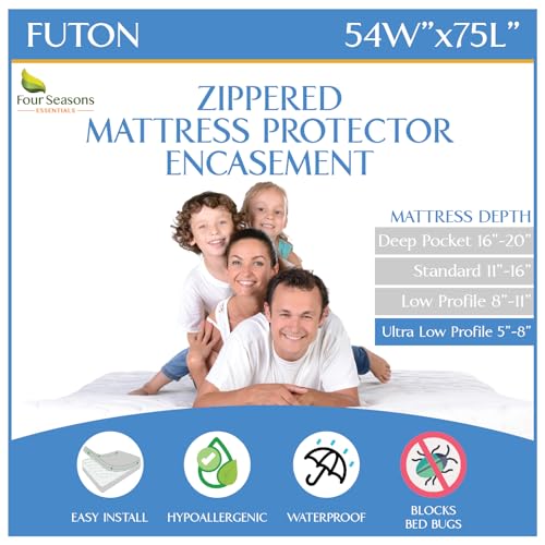 Futon Full (54"x 75") Waterproof Mattress Protector - Waterproof Zippered Encasement Premium Quality Bed Cover Protects Against Dust, Allergens White Four Seasons Essentials