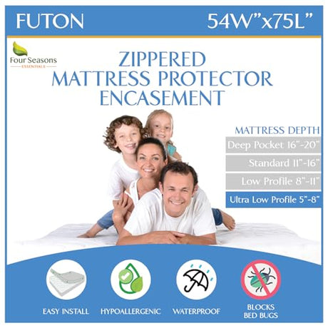 Futon Full (54"x 75") Waterproof Mattress Protector - Waterproof Zippered Encasement Premium Quality Bed Cover Protects Against Dust, Allergens White Four Seasons Essentials
