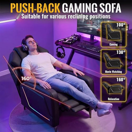 TPHORK Gaming Recliner Chair with Footrest, Push-Back Reclining Gaming Chair with LED Lights, Lumbar Pillow & Side Pockets, Ergonomic Gaming Sofa for Game Room, Home Theater, Man Cave (Black) TPHORK