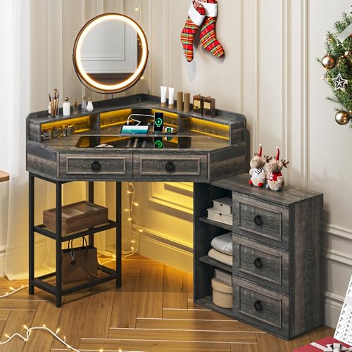 WOOVIVS Corner Vanity Desk with Lighted Rotating Mirror, Glass Top Makeup Table with 5 Drawers, Small Vanitys with Charging Station,Jewelry Organizers for Bedroom,Brown WOOVIVS