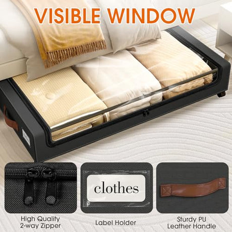 SpaceHacks Under Bed Storage with Wheels 3Pack Storage Containers with Clear Window&Label Under Bed Drawers Rolling Under Bed Storage for Clothes,Shoes, Blankets (30.71 x 16.93 x 6.69 in, Black) SpaceHacks