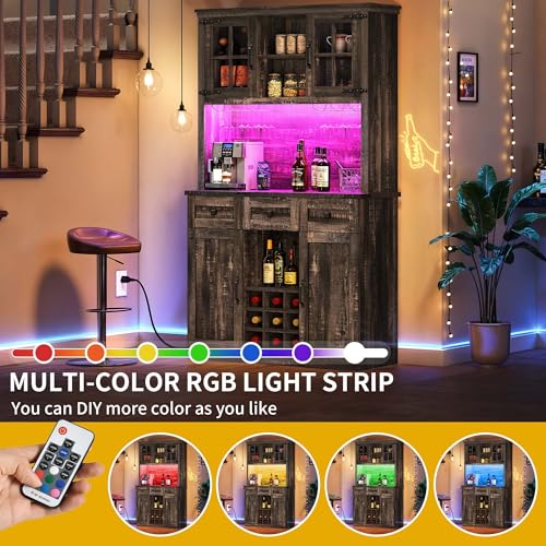 DWVO Coffee Bar Cabinet with Power Outlet/Lights, 72" Farmhouse Pantry Cabinet with Storage Shelves and 3 Drawers, Tall Liquor Cabinet Bar Cabinets for Home/Living Room, Dark Rustic Oak DWVO