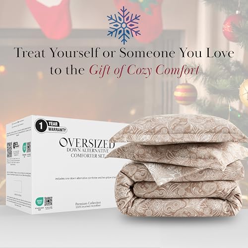 Southshore Fine Living, Inc. Oversized Comforter King Size Bed Set, Down Alternative Paisley Bedspread, Reversible Bedding Sets, California/King Sized Comforter & Matching Shams, Taupe/White Southshore Fine Living, Inc.