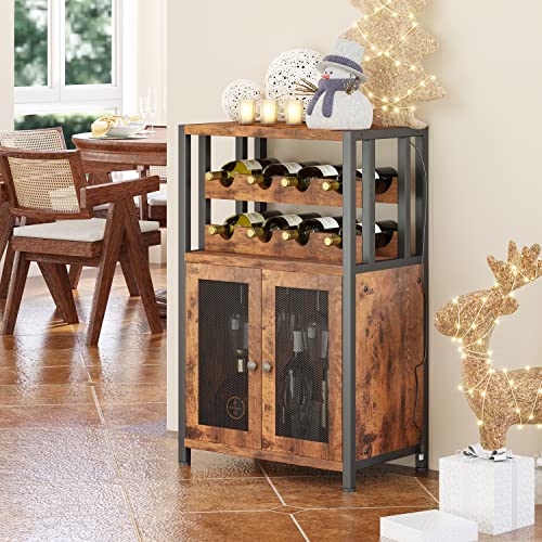 Homeiju Rustic Brown Wine Bar Cabinet with Detachable Rack, Glass Holder, USB Port & LED Lights