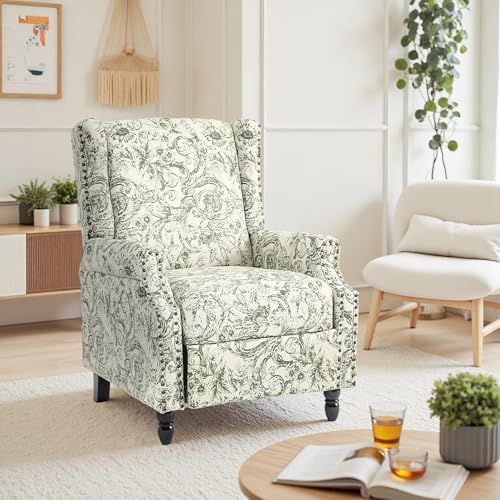 DREAMSIDEA Recliner Chair, Upholstered Wingback Floral Pushback Armchair with Adjustable Backrest & Footrest, Comfy Accent Chair for Small Spaces, Living Room, Bedroom (Rococo Green, Set of 1)