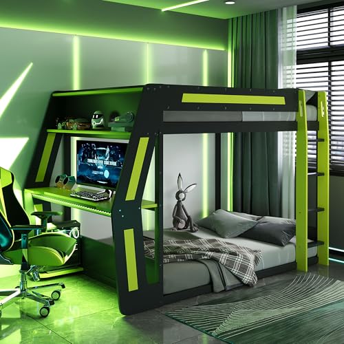 Full Size Bunk Bed with Desk & Charging Station & RGB Light Strip,Wooden Gaming Bunk Bed Frame with Storage Shelves,Safety Guardrails & Ladder for Bedroom,Under-Bed Space,No Box Spring Needed,Green FUvellamo
