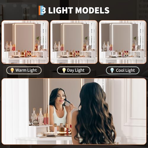 Garvee Corner Vanity Desk and Stool, Corner Makeup Vanity with LED Lighted Mirror Charging Station and Cabinet for Bedroom, White Garvee