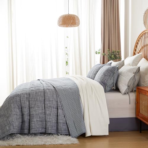 softpage Navy Quilts Queen Size， Cotton Bedspreads Queen Size，3-Pieces Queen Quilt Set with Blue Stripe Bedding Coverlet Light Weight Quilted Blanket with 2 Pillow Shams softpage