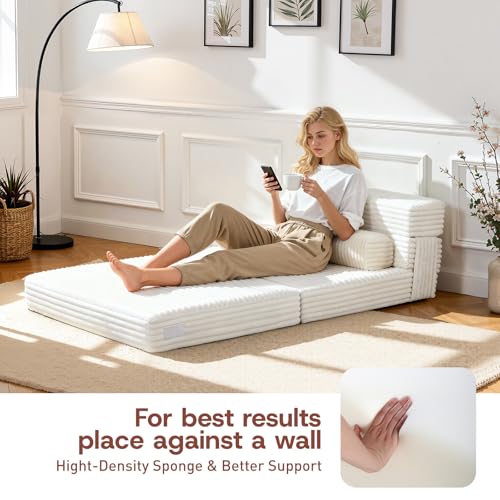 YEPDIN Folding Sofa Bed,Convertible Sofa Bed with Armrest Foldable Sleeper Chair, Portable Folding 4-in-1 Floor Sofa with Convertible Lounge Chair for Living Room,Bedroom,Washable Cover,White Single YEPDIN