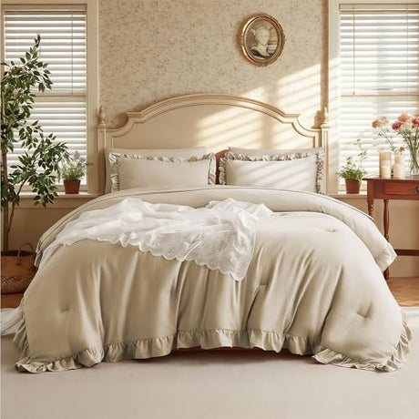 MR&HM Queen Comforter Set Linen, Comforter Set 7 Pieces for Girls Women, Shabby Chic Vintage Cottagecore Bed Sets Elegance Boho Bed in a Bag, Ultra-Soft & Fluffy Comforter for All Season MR&HM