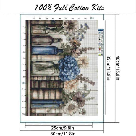 Stamping Cross Stitch Kit Books Flowers, Counting Cross Stitch Kit for Adult Beginners, with Glass Bottles Full Line DIY Cross Stitch Stitching Kit for Home Decor Cross Stitch Patterns 15.7x11.8inches MYBISYMQQ