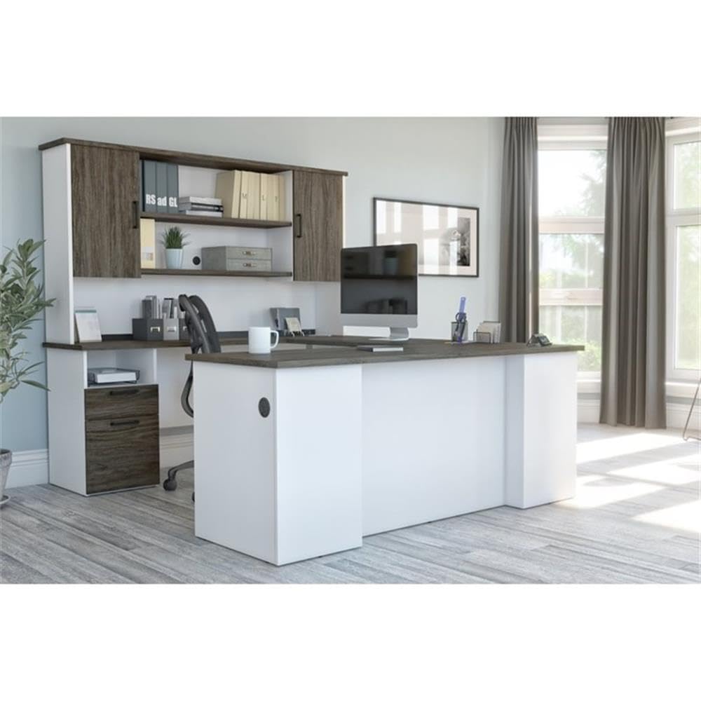 Atlin Designs Transitional Wood U Shaped Computer Desk with Hutch in Gray/White Atlin Designs