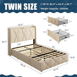 GalnFu Twin Bed Frame with 4 Storage Drawers, Upholstered Platform Bed with Charging Station, Modern Wingback Storage Headboard, Easy Assembly,Noise-Free, Beige GalnFu