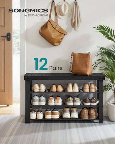 SONGMICS Shoe Rack Bench, 4 Tier Bamboo Shoe Storage Organizer, Entryway Bench, for Living Room, Bathroom, Bedroom, 11.3 x 35.2 x 20.5 Inches, Ink Black ULBS390BH01 SONGMICS