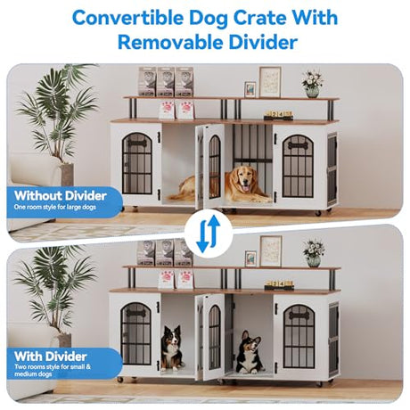 Petrova 63" Dog Crate Furniture for 2 Dogs, Heavy Duty Indoor Dog Kennel for Medium/Large Dogs, Wooden Dog Cage with Removable Divider, 6 Lockable Wheels, Storage Compartment, White Petrova
