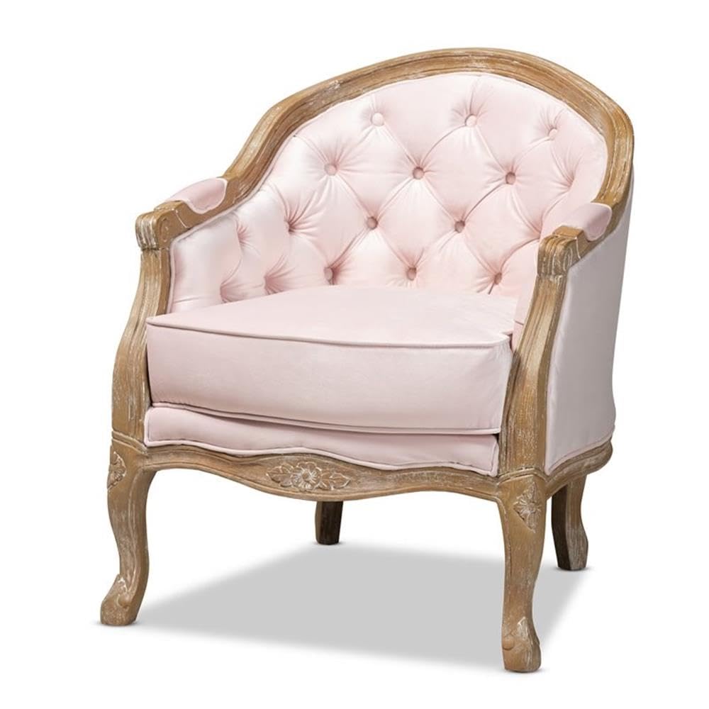 Baxton Studio Genevieve Traditional French Provincial Light Pink Velvet Upholstered White-Washed Oak Wood Armchair Baxton Studio