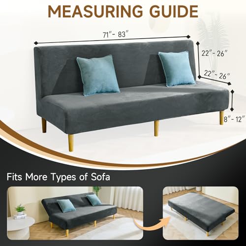 Armless Futon Cover Velvet Futon Slipcover Soft Stretch Couch Covers with No Arm Sofa Bed Cover with Non-Slip Thick Plush Furniture Protector Washable Couch Slipcovers for Living Room(Dark Grey) XIAROGEE