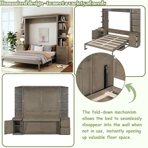Merax Queen Size Murphy Bed with Desk and LED Light,Wall Bed Frame Folding into Cabinet Design w/Storage Shelf for Small Space,Bedroom,Guest Room,Rustic Brown Merax