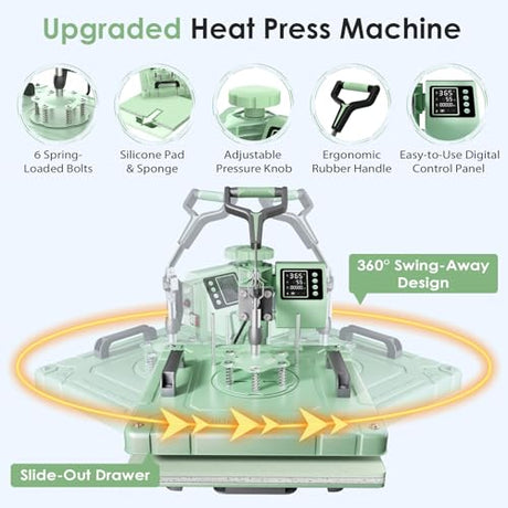 Seeutek 8 in 1 Heat Press Machine 15x15 Inch, Swing Away Digital Sublimation Heat Transfer Press with 20oz & 30oz Tumbler Attachments for T-Shirts, Mugs, Hats & Plates, Green Seeutek