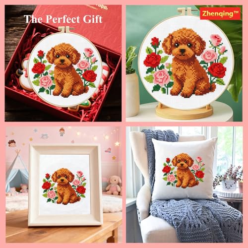 Zhenqing Brown Teddy Bear with Roses Cross Stitch Kit, 11CT Printed 24x24cm for Beginners, Floral Dog Embroidery Set with 20cm Hoop (70783)