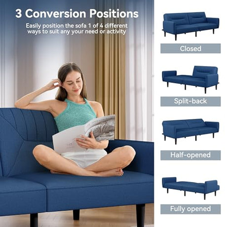 AMICLIBER Futon Sofa Bed,75.8" Linen Fabric Comfy Futon Couch Bed,3 Seater Convertible Sleeper Sofa with Adjustable Backrests,Modern Folding Loveseat for Living Room,Office,Apartment,Bedroom,Blue AMICLIBER