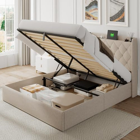 Feonase Full Size Bed Frame with Storage & Charging Station - Hydraulic Lift Up Platform Bed, Upholstered Button Tufted Headboard, Sturdy Wooden Slats, Noise-Free, No Box Spring Needed,Beige Feonase